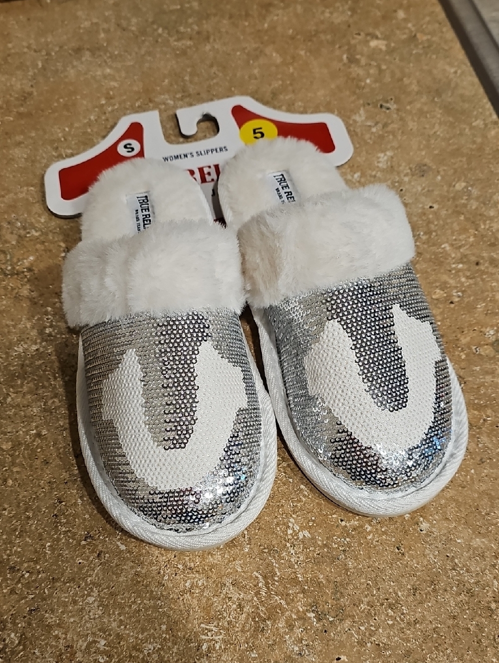 True Religion Women's Sequin & Faux-Fur Slippers in Cream and Silver P29